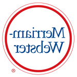 Merriam-Webster dictionary logo Merriam Webster written in blue within a red circle 